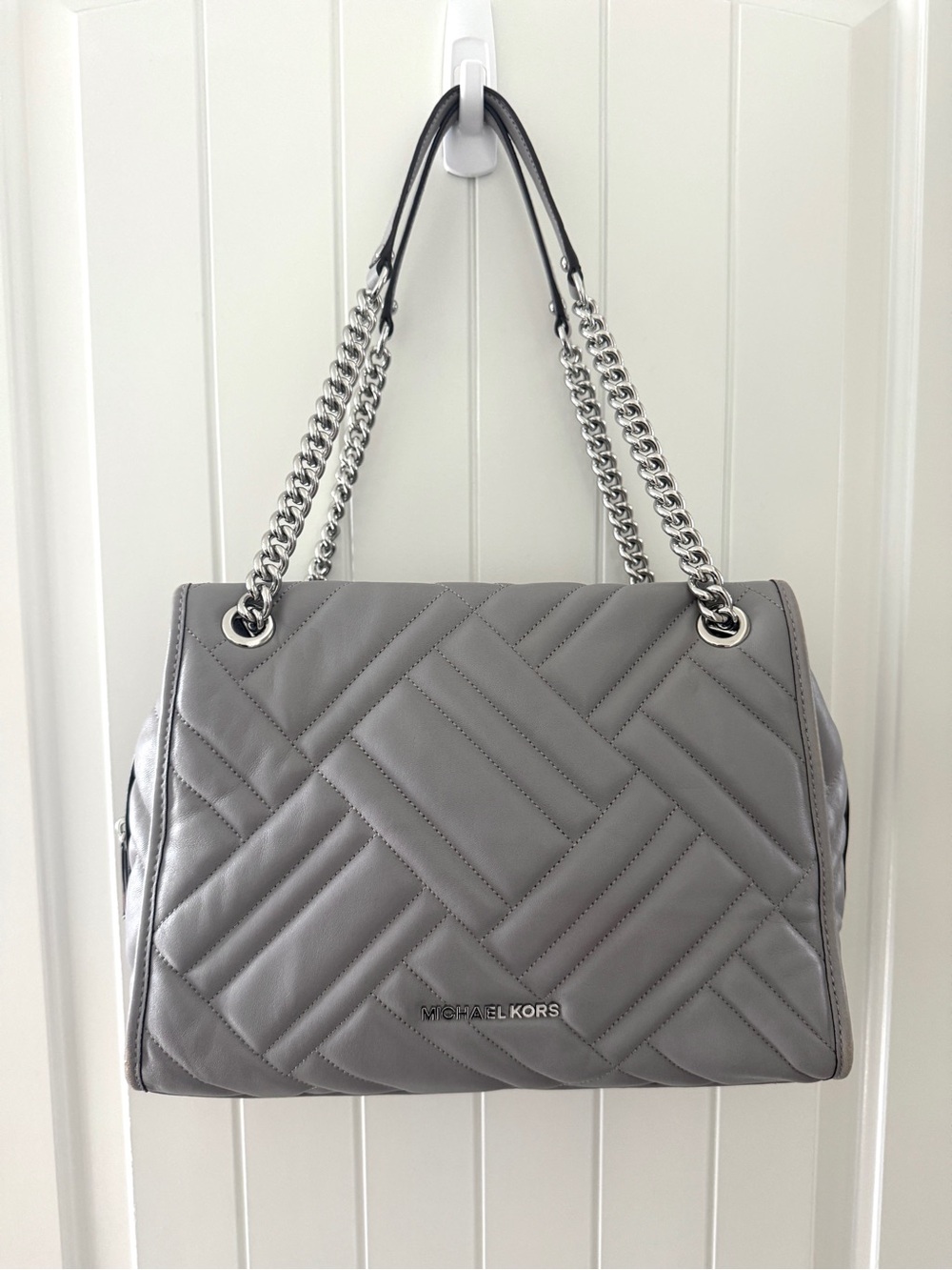 Michael Kors Quilted Gray Leather Shoulder Bag with Silver Chain Straps
